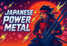 Japanese Power Metal: 8 Bands You Need on Your Playlist Anime-style samurai guitarist with twin-neck guitar in front of a red rising sun, cherry-blossom petals and lightning bolts, with chrome text reading Japanese Power Metal
