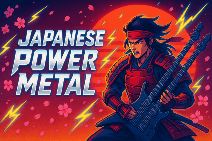 Anime-style samurai guitarist with twin-neck guitar in front of a red rising sun, cherry-blossom petals and lightning bolts, with chrome text reading Japanese Power Metal